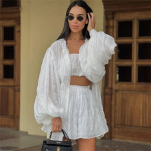 Load image into Gallery viewer, Women White 3 Piece Sets Summer Casual Lantern Long Sleeve Cardigan Tops Shorts Suits Lady Spring Soft Three Piece Outfit
