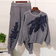 Load image into Gallery viewer, Casual Embroidered Sequin Sets For Women O Neck Long Sleeve Tops High Waist Pants Print Two Piece Set
