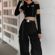 Load image into Gallery viewer, Off Shoulder Hollow Crew Neck T-shirt,
