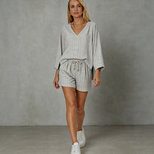 Load image into Gallery viewer, Loose V-neck long sleeved shorts striped set
