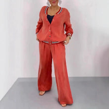 Lade das Bild in den Galerie-Viewer, Patchwork Round Neck Cardigan Casual Top Wide Leg Pants Set for Women

