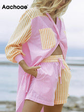 Load image into Gallery viewer, Aachoae Fashion Patchwork Cotton 2 Piece Set Women Long Sleeve Pockets Shirt With High Waist Shorts Striped Print Holiday Sets

