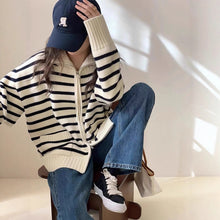 Load image into Gallery viewer, Women's Casual Loose Knitted Zippered Stripe Cardigan Sweater
