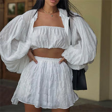 Load image into Gallery viewer, Women White 3 Piece Sets Summer Casual Lantern Long Sleeve Cardigan Tops Shorts Suits Lady Spring Soft Three Piece Outfit

