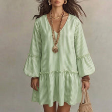 Load image into Gallery viewer, Style Autumn New Women's Long Sleeve Dress Stripe Print V-Neck Lantern Sleeve Loose Mini Dress
