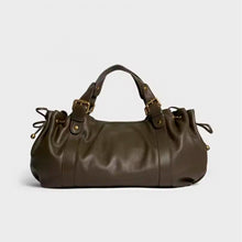 Load image into Gallery viewer, Black large capacity soft leather tote bag with pleated drawstring hand-held shoulder bag
