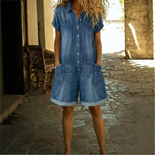Load image into Gallery viewer, Short Sleeve Multi-Pocket Shirt Washed Denim Look Overalls Shorts
