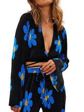 Load image into Gallery viewer, Floral Print Two-Piece Pants Suits Spring Summer Casual Women Pleated Sets Long Sleeve Tie Up Crop Tops+Loose Pants
