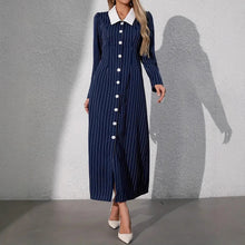 Cargar imagen en el visor de la galería, Striped Print Short Sleeve Buttoned Front Turn-down Collar A-line Dress
