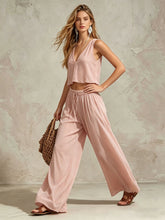 Load image into Gallery viewer, V-neck solid color sleeveless camisole top wide leg pants set
