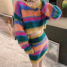 Load image into Gallery viewer, Hit Color Two Piece Sets For Women Round Neck Long Sleeve Tops High Waist Skirts A Line Skirts Knitted Skirt Female
