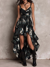 Load image into Gallery viewer, Printed V-Neck Waist Clinched High Slit Camisole Vacation Dress
