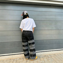 Load image into Gallery viewer, Street Deconstructed Black and Gray Patchwork Raw Hem Denim Pants
