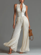 Load image into Gallery viewer, White Pleated Strap Neck Long Wide Leg Jumpsuit

