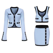 Load image into Gallery viewer, Vintage Elegant Knit 3 Piece Skirt Sets Outfits For Women Long Sleeve Cardigan + Vest + Mini Skirt Stylish Matching Set
