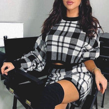 Load image into Gallery viewer, Women's Tracksuit Elegant Office Two Piece Set Plaid Sweater Outfit Long Sleeve Crop Top And Skirt Sets Sexy Fashion Dress Set
