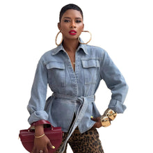 Load image into Gallery viewer, Casual Washed Short Denim Jacket with Pocketand Belted Fit
