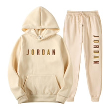 Load image into Gallery viewer, Gold Print Hooded Long Sleeve Fleece Lined Sports Casual Jacket and Pants Set
