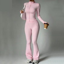 Load image into Gallery viewer, Fitness suit women's zipper long sleeved jacket yoga tight pants micro flared pants
