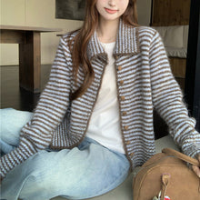 Load image into Gallery viewer, Color-block Striped Lapel Collar Loose Fit Knit Cardigan
