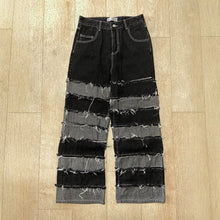 Load image into Gallery viewer, Street Deconstructed Black and Gray Patchwork Raw Hem Denim Pants
