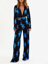 Load image into Gallery viewer, Floral Print Two-Piece Pants Suits Spring Summer Casual Women Pleated Sets Long Sleeve Tie Up Crop Tops+Loose Pants

