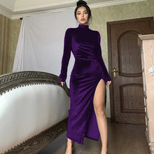 Load image into Gallery viewer, High Neck Long Velvet Dress with Pleats and Slit Fitted SilhouetteAutumn/Winter Fashion
