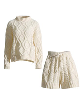 Load image into Gallery viewer, Solid Knitting Two Piece Sets For Women Turtleneck Loose Long Sleeve Sweater High Waist Shorts Casual Set Female
