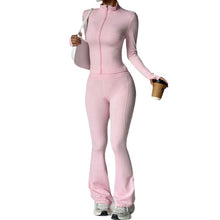 Load image into Gallery viewer, Fitness suit women's zipper long sleeved jacket yoga tight pants micro flared pants
