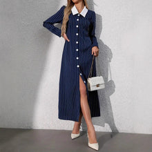 Cargar imagen en el visor de la galería, Striped Print Short Sleeve Buttoned Front Turn-down Collar A-line Dress
