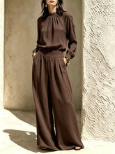 Load image into Gallery viewer, Casual Solid Color Long Sleeve Stand-up Collar Loose Fit Women's Fashion Set BlouseWide-leg Pants

