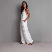 Lade das Bild in den Galerie-Viewer, Halter Sleeveless Vacation Style White Pleated Backless Wide-Leg Jumpsuit
