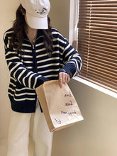 Load image into Gallery viewer, Women's Casual Loose Knitted Zippered Stripe Cardigan Sweater

