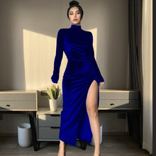 Load image into Gallery viewer, High Neck Long Velvet Dress with Pleats and Slit Fitted SilhouetteAutumn/Winter Fashion
