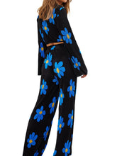 Load image into Gallery viewer, Floral Print Two-Piece Pants Suits Spring Summer Casual Women Pleated Sets Long Sleeve Tie Up Crop Tops+Loose Pants

