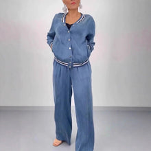 Lade das Bild in den Galerie-Viewer, Patchwork Round Neck Cardigan Casual Top Wide Leg Pants Set for Women
