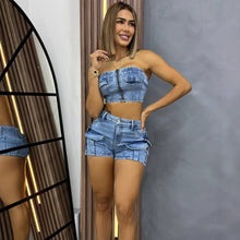 Charger l'image dans la galerie, Western Women's Jeans Set Fashion Sexy Crop Top with Multiple Pockets Shorts
