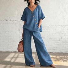 Load image into Gallery viewer, Women's Fashion Casual Solid Color V-Neck Loose Short Sleeve Top with Drawstring Pants Two-Piece Set
