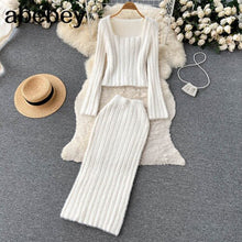 Load image into Gallery viewer, Women Gentle Knitted Two Pieces Suits Soft Sweater Short Top+High Waist Midi Long Skirt Suits Elastic Slim Winter Sets
