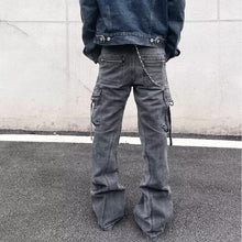 Load image into Gallery viewer, Street Style Distressed Washed Multi-Pocket Flared Cargo Jeans
