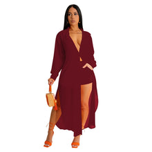 Load image into Gallery viewer, Sexy Perspective Solid Color Chiffon Long Shirt Shorts Beach Two Piece Set New

