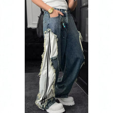 Load image into Gallery viewer, Deconstructed Raw Edge Stripe Patchwork Cargo Jeans
