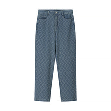Load image into Gallery viewer, Diamond grid straight leg split jeans for women
