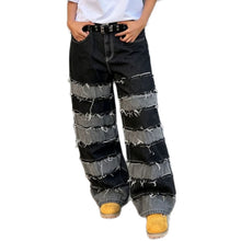 Load image into Gallery viewer, Street Deconstructed Black and Gray Patchwork Raw Hem Denim Pants
