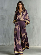 Load image into Gallery viewer, Style Women's Retro Printed Sexy Deep V Neck Loose Zipper Top with Wide Leg Pants Two-Piece Set
