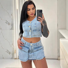 Charger l'image dans la galerie, Women's Denim Dress Set, Short Sleeveless Vest with Raw Hem Pockets and Mini Skirt
