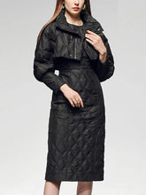 Load image into Gallery viewer, Solid Two Piece Sets For Women Stand Collar Lantern Sleeve Parka O Neck Sleeveless High Waist Dress Chic Set Female

