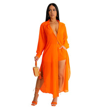 Load image into Gallery viewer, Sexy Perspective Solid Color Chiffon Long Shirt Shorts Beach Two Piece Set New
