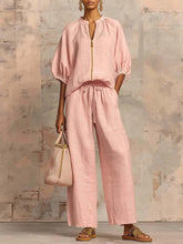 Cargar imagen en el visor de la galería, Women's Casual Loose Solid Color Zipper Round Neck Wide Leg Pants Set
