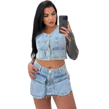 Charger l'image dans la galerie, Women's Denim Dress Set, Short Sleeveless Vest with Raw Hem Pockets and Mini Skirt
